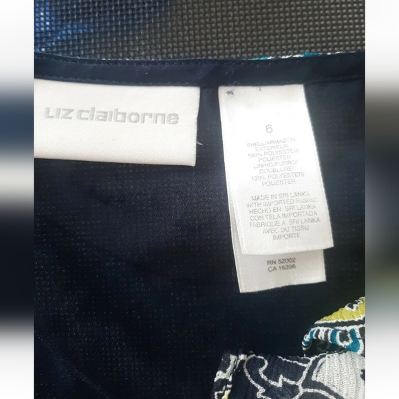 Liz Claiborne Black Blue Ruffle Paisley Cap Sleev Casual Dress Blouse Sz 6 Small - Picture 6 of 11